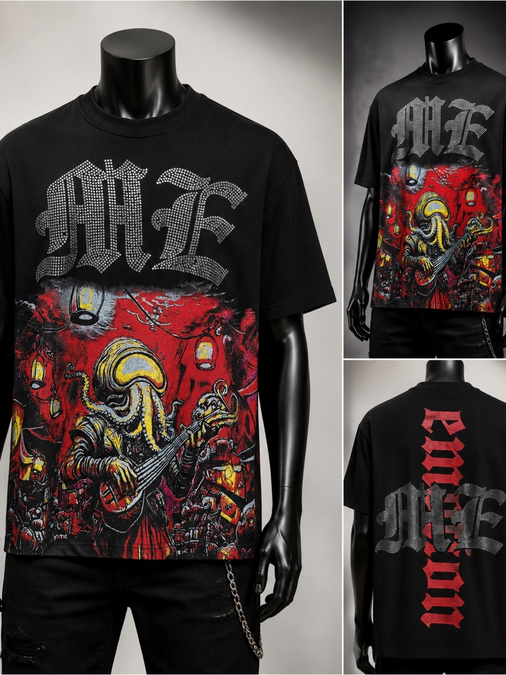 Mixed Emotion Graphic Rhinestone T-Shirt – Oversized Black Tee (Size S)